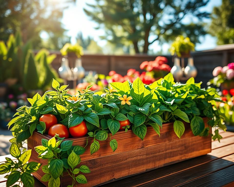 A beautifully arranged self-watering planter box brimming with vibrant green vegetables, including tomatoes, peppers, and leafy greens, sits on a wooden patio table. The sunlight filters through nearby trees, casting a warm, dappled glow across the scene. In the foreground, detailed close-ups of the lush foliage highlight the rich textures and colors of the vegetables. In the middle, the self-watering system is visible, showing its water reservoir and drainage components. The background features a serene garden setting with blooming flowers and a clear blue sky, evoking feelings of tranquility and productivity. The image is captured with a soft-focus lens, emphasizing the freshness of the vegetables while maintaining a bright and inviting atmosphere.