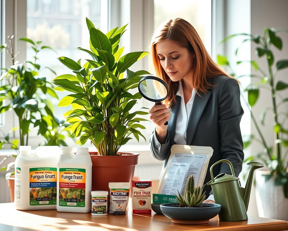 A brightly lit indoor plant setting focused on a healthy potted plant surrounded by signs of pest management for fungus gnats. In the foreground, show a lady wearing professional business attire, examining the plant closely with a magnifying glass, highlighting her diligent approach to pest control. In the middle ground, feature a small table with soil treatments, sticky traps, and a watering can, symbolizing various management methods. The background should include a window with natural sunlight shining through, casting pleasing shadows and enhancing the overall atmosphere of care and professionalism. The mood conveys a proactive attitude toward addressing plant health, with vibrant greens contrasting against the soft, warm tones of the indoor environment.