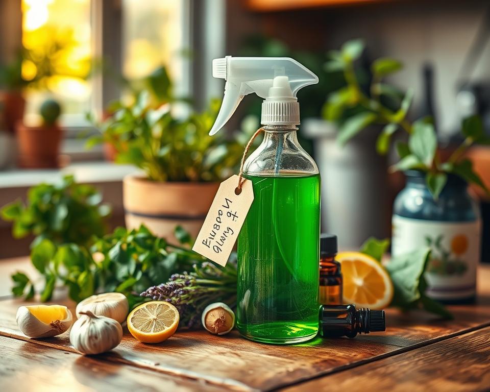 A close-up scene showcasing a homemade pest control spray setup on a rustic wooden table. In the foreground, a clear glass spray bottle filled with a vibrant green liquid, labeled with a simple handwritten tag. Surrounding the bottle are fresh ingredients like garlic cloves, lemon slices, and natural essential oils. In the middle, sprigs of herbs such as peppermint and lavender add a natural touch. In the background, softly out-of-focus indoor plants—like thriving herbs and leafy greens—provided a lush atmosphere. The lighting is warm and inviting, suggesting a cozy kitchen environment, with golden sunlight streaming in through a window. The angle is slightly tilted, giving depth to the composition and emphasizing the homemade aspect of the natural pest control spray.