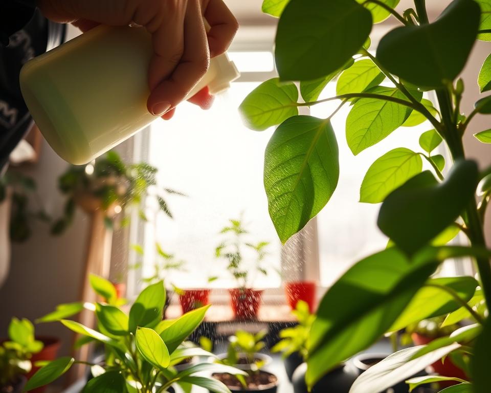 A close-up view of a healthy indoor plant being foliar fed, showing a person in professional attire gently spraying a fine mist of nutrient solution onto the vibrant green leaves. In the foreground, the droplets of nutrient solution glisten in the soft, natural light. The middle ground features potted plants in various stages of growth, some with leaves that are lush and thriving, while others show signs of improved health after treatment. In the background, a bright window allows sunlight to filter in, casting a warm glow that creates an uplifting, positive mood. The angle is slightly tilted from above, focusing on the interaction between the person and the plant, emphasizing the care taken in the process of foliar feeding.