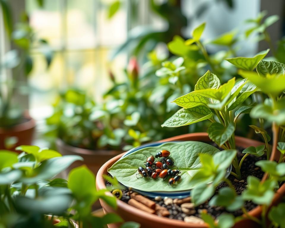 A close-up view of a lush indoor garden thriving with various plants, showcasing natural remedies to combat fungus gnats. In the foreground, a healthy potted plant surrounded by a mixture of organic ingredients like diatomaceous earth, neem oil, and cinnamon powder, artfully arranged. In the middle, a small dish contains beneficial predatory insects, such as nematodes and ladybugs, on a vibrant green leaf. The background features soft, natural light filtering through a window, illuminating the scene, with gentle bokeh effects to create a serene atmosphere. The mood is hopeful and inviting, emphasizing the theme of using nature's allies to address pest problems.