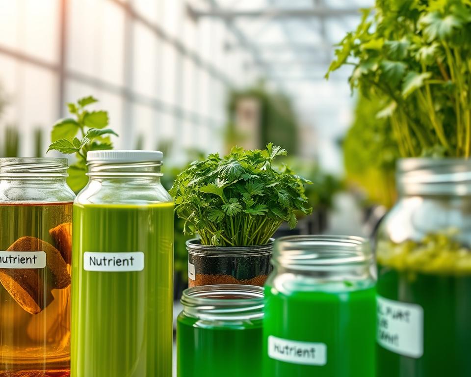 A close-up view of a variety of nutrient-rich solutions for herb growth, vividly displayed in glass jars and containers. The foreground features several jars filled with vibrant green liquid, each labeled with different nutrient compositions. The middle ground showcases lush, healthy herb plants like basil, parsley, and cilantro thriving in small pots, with visible roots extending into the nutrient solutions. The background is softly blurred, hinting at a greenhouse setting filled with soft, natural light filtering through transparent panels. The overall atmosphere exudes a sense of vitality and growth, emphasizing the importance of customized nutrient solutions for enhancing herb cultivation. Capture this at a slightly downward angle using soft, diffused lighting to create a warm, inviting feel.