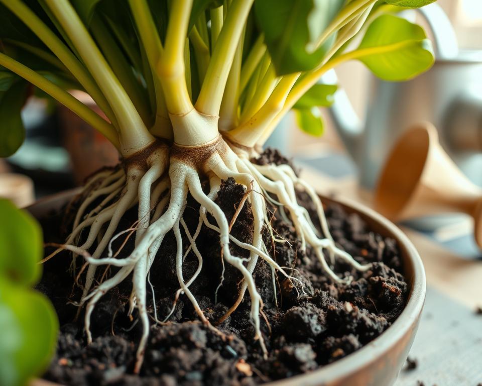 A close-up view of healthy plant roots emerging from rich, dark soil in a repotting scene. The roots are vibrant and white, visibly free from rot, showcasing their strong and healthy structure. Surrounding the roots are green, lush leaves of the potted plant, indicating vitality. In the background, a soft-focus view of gardening tools like a trowel and watering can adds context. The lighting is warm and natural, illuminating the roots and creating a soft, inviting atmosphere. The angle is slightly above the pot, focusing on the roots while still capturing the overall plant and its environment. This image evokes a sense of care and attention, perfect for highlighting the importance of repotting in preventing root rot.