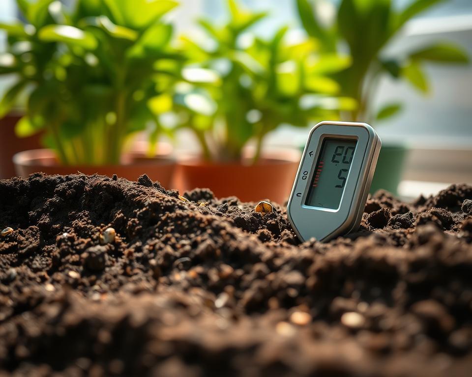 A close-up view of healthy potting soil, showcasing varying moisture levels in different sections. In the foreground, a cross-section of soil reveals rich, dark brown earth interspersed with small, healthy roots. The middle ground features a moisture meter inserted into the soil, displaying an optimal reading. The background includes a blurred image of vibrant green potted plants, bathed in soft, natural light. Sunlight filters through a nearby window, casting gentle shadows and enhancing the details of the soil texture. The overall atmosphere is serene and nurturing, emphasizing the importance of maintaining proper soil moisture for healthy plant growth. A shallow depth of field focuses the viewer's attention on the soil and moisture meter, creating an inviting and informative scene.