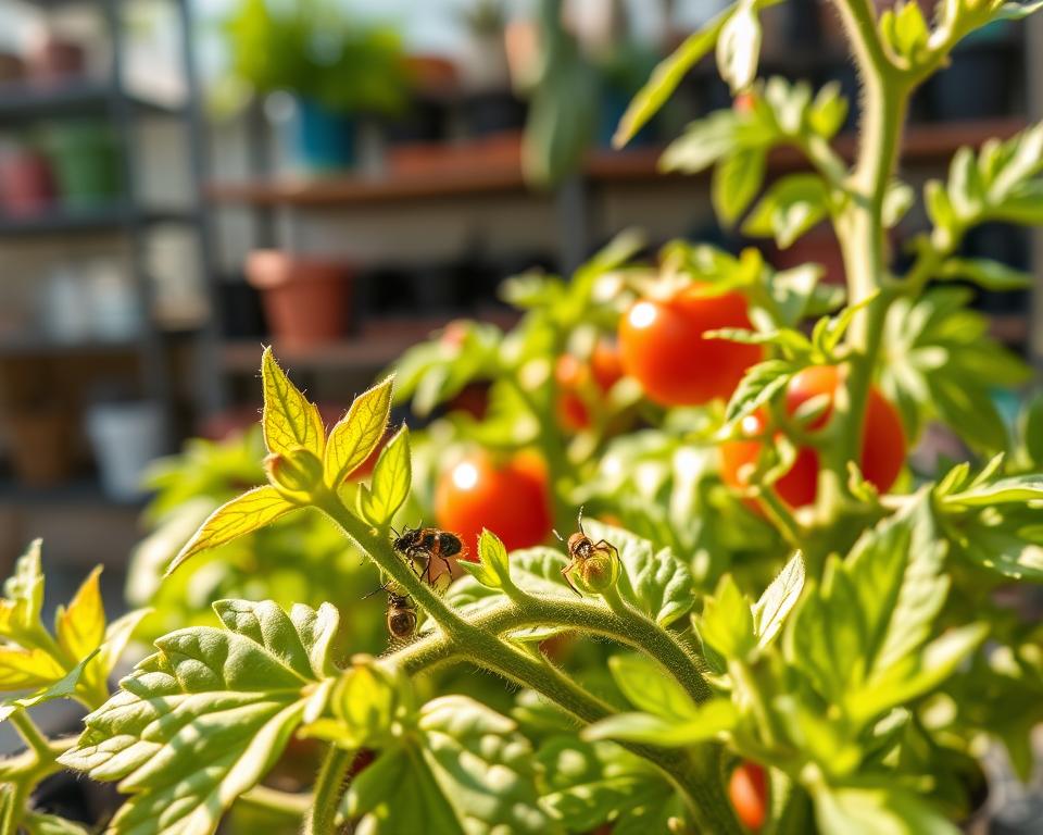 A close-up view of indoor cherry tomatoes infested with common pests like aphids and spider mites. In the foreground, focus on deformed leaves and tiny insects, showcasing their details under a warm, natural light. The middle section features vibrant green tomato plants, with some ripe red tomatoes peeking through the foliage. In the background, blurred shelves filled with gardening tools and potting soil, creating a homely indoor gardening atmosphere. Soft shadows cast by indirect sunlight enhance the image, giving it a warm, inviting feel while underscoring the challenges of pest management in indoor gardening. The overall mood reflects a blend of concern and the vibrant life of an indoor gardening space.