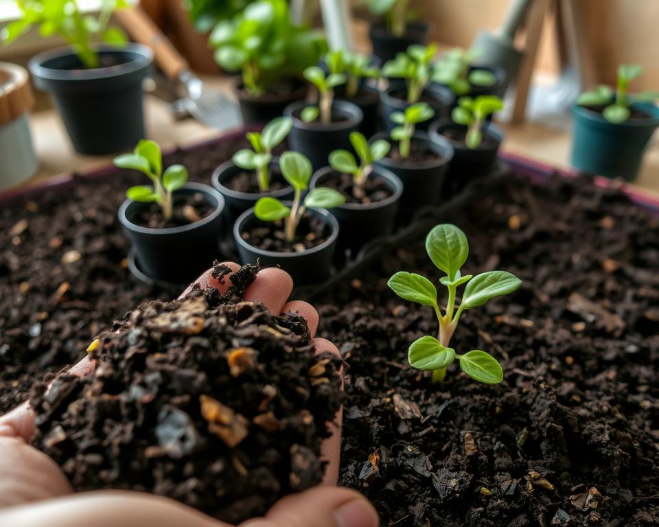 A close-up view of rich, dark potting soil ideal for growing indoor vegetables, displaying its texture and organic materials. In the foreground, a handful of the soil is being examined, revealing a mix of earthy tones, small pieces of bark, and peat moss. In the middle ground, several small pots filled with vibrant green seedlings are placed, showcasing their healthy leaves emerging from the nutrient-rich mix. Soft, natural lighting illuminates the scene, casting gentle shadows and highlighting the moisture within the soil. The background features a faint blur of a gardening workspace with tools and additional plants, creating an inviting atmosphere for home gardening enthusiasts. The focus is on the soil’s quality and texture, embodying the theme of homemade potting mixes versus store-bought options.
