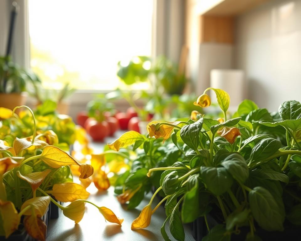 A close-up view of wilting indoor vegetable plants scattered across a well-lit kitchen windowsill, showing signs of underwatering. In the foreground, focus on yellowing leaves with curled edges and drooping stems, emphasizing their parched appearance. In the middle ground, showcase a variety of potted vegetables such as tomatoes, basil, and lettuce, each delicately displaying hints of dryness. The background includes a sunlit window with a soft, natural glow filtering through, adding warmth to the scene. Use a shallow depth of field to create a slight blur around the edges and highlight the plants' distress signals. The atmosphere should evoke concern yet maintain a calm and serene mood, inviting viewers to learn about proper plant care.