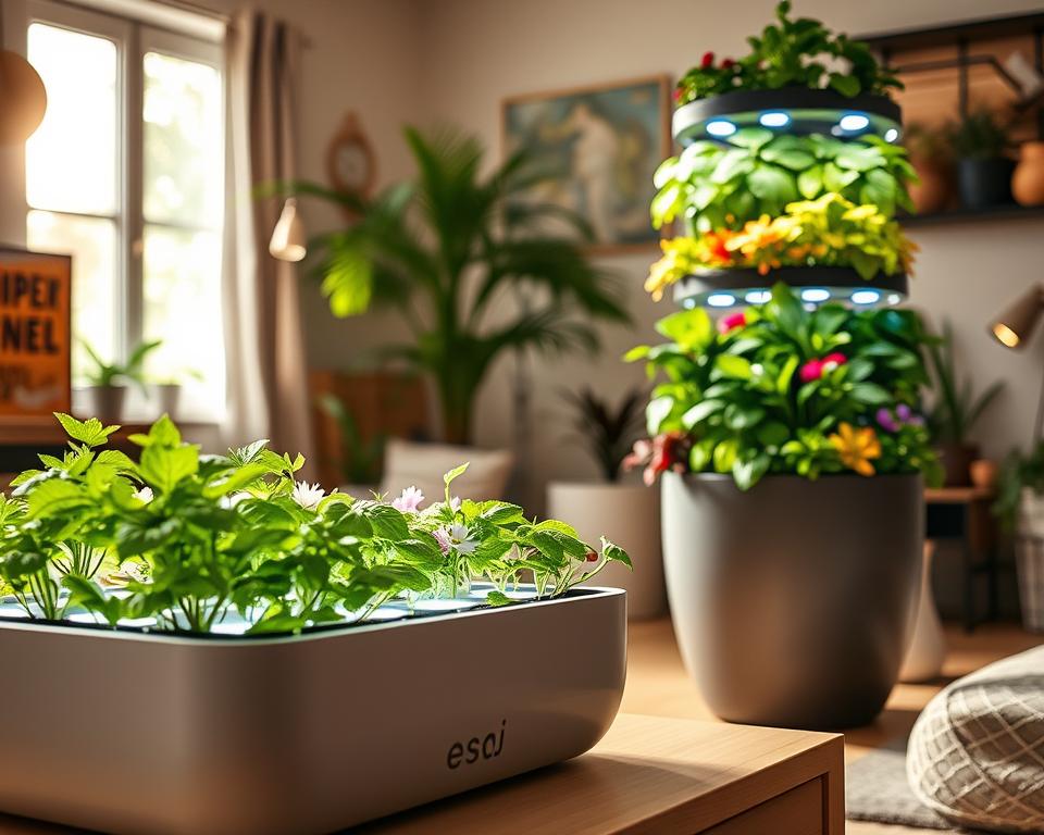 A cozy home interior showcasing a selection of the best smart indoor gardens. In the foreground, feature a modern, sleek hydroponic garden with vibrant herbs such as basil and mint, highlighted by subtle LED grow lights. In the middle ground, a tiered vertical garden filled with colorful leafy greens and flowers, all contained within a stylish planter. The background should show a sunlit window with light streaming in, creating a warm, inviting atmosphere. Use a shallow depth of field to focus on the gardens, with soft, natural colors to evoke a sense of tranquility and freshness. The overall mood is serene and nurturing, perfect for showcasing indoor gardening innovation.