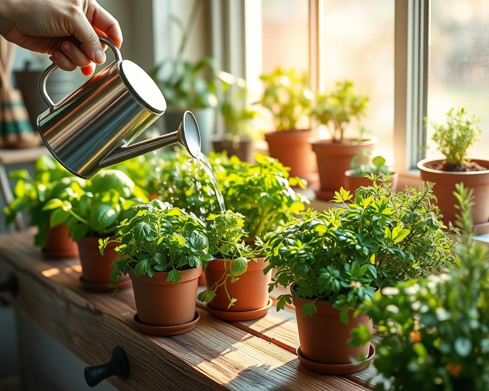 A cozy indoor garden scene showcasing various pots of thriving perennial herbs like basil, parsley, thyme, and rosemary on a rustic wooden windowsill. In the foreground, a hand gently waters the herbs with a stylish watering can, emphasizing practical watering techniques. The middle section features a glowing sunlight streaming through the window, creating warm highlights on the green foliage, and casting soft shadows on the surface. In the background, subtle hints of home decor with potted plants and garden tools can be seen, contributing to a serene and nurturing atmosphere. The overall mood is tranquil, inviting, and informative, ideal for showcasing effective watering tips for indoor herb gardening. Use natural lighting and a close-up angle to focus on the watering process and herbs.