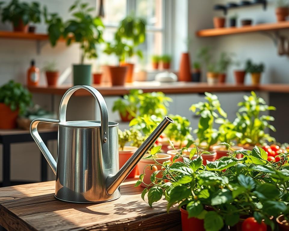A cozy indoor gardening scene featuring a stylish watering can specifically designed for nurturing vegetables. In the foreground, a sleek metal watering can with a long spout rests on a rustic wooden table, surrounded by potted indoor vegetable plants such as tomatoes and herbs. The middle ground showcases a vibrant array of green leaves and colorful pots, while a sunlit window filters soft natural light, casting gentle shadows across the scene. The background features a modern kitchen with plants on display, enhancing the mood of an inviting and productive indoor gardening space. Capture this scene with a soft focus lens effect to emphasize the watering can and plants, showcasing a thriving home gardening atmosphere.