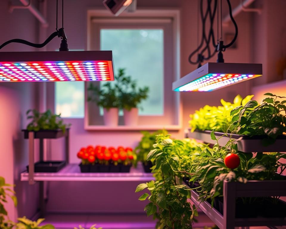A cozy indoor grow room illuminated by a series of vibrant LED grow lights, showcasing a variety of healthy green plants such as tomatoes, herbs, and leafy greens arranged on sleek shelving units. In the foreground, focus on the grow lights with adjustable arms and colorful light spectrum settings, casting a warm glow. In the middle, the plants appear lush and thriving under the lights, with visible droplets of moisture on the leaves. The background features a light-colored wall adorned with a simple window, allowing soft natural light to filter in, creating a harmonious blend of artificial and natural lighting. The scene captures a serene and productive atmosphere, emphasizing the care and attention given to indoor gardening. Warm, inviting lighting enhances the overall mood.
