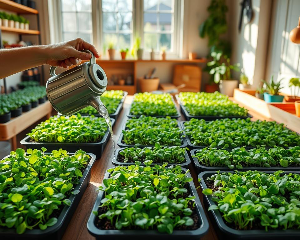 A cozy indoor growing space for microgreens, featuring a wooden table topped with trays filled with vibrant, lush microgreens in various stages of growth. In the foreground, a hand watering the trays gently with a small watering can. The middle ground includes shelves lined with small pots and gardening tools, hinting at an organized setup for easy access. The background shows a large window with natural light streaming in, illuminating the green hues of the plants and creating a warm, inviting atmosphere. Soft sunlight casts gentle shadows on the walls, enhancing the peaceful, nurturing mood of a home garden. The image should be bright, clear, and focused, with a slight depth of field that emphasizes the microgreens while keeping the background elements serene.