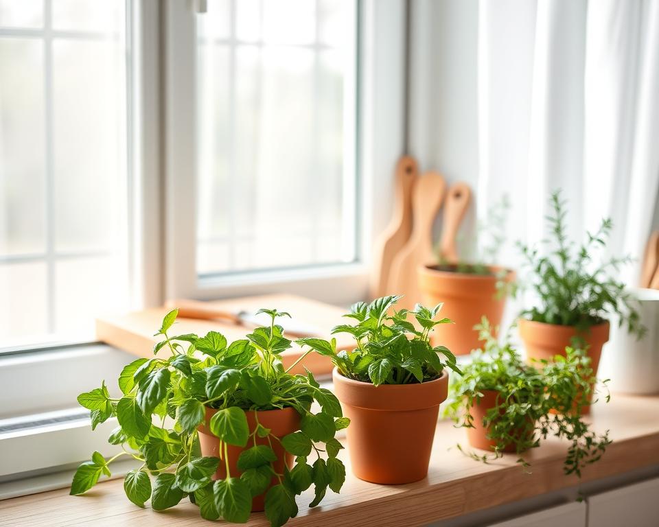 A cozy indoor herb garden set on a bright kitchen windowsill, featuring vibrant pots of basil, cilantro, thyme, and rosemary. In the foreground, fresh herbs spill out slightly from their charming terracotta pots, showcasing their lush green foliage. The middle ground depicts a beautiful light wooden countertop adorned with a cutting board and a few cooking utensils, hinting at their use in vibrant recipes. In the background, soft natural light filters through sheer white curtains, creating a warm and inviting atmosphere. The composition captures the essence of freshness and culinary inspiration, with a shallow depth of field emphasizing the herbs while softly blurring the background.