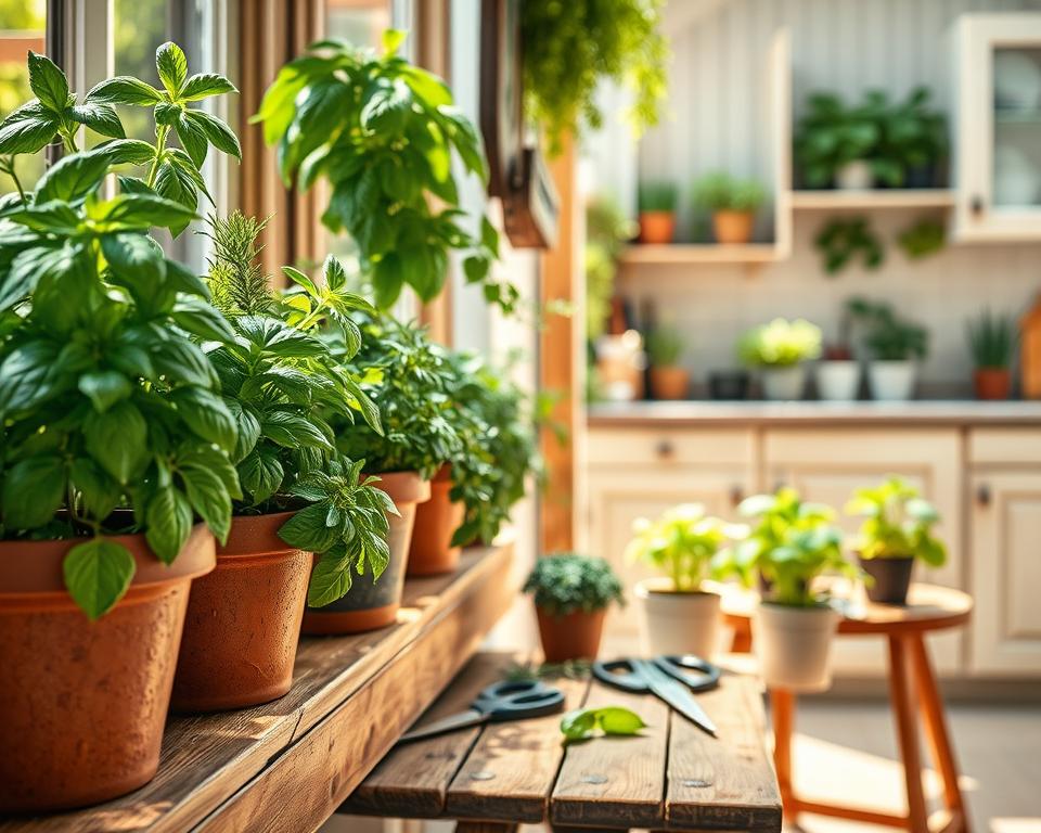 A cozy indoor herb garden setup, featuring a variety of lush herbs such as basil, thyme, rosemary, and mint in stylish pots. In the foreground, a wooden windowsill brimming with fresh greenery and vibrant leaves, with droplets of water glistening on the leaves to suggest freshness. The middle ground contains a small, rustic table with gardening tools like scissors and labels, with a warm, inviting light filtering in from the sunlit window, casting soft shadows. The background displays a charming kitchen scene with light-colored cabinets and herbs sprouting in the sunlight, evoking a soothing, homey atmosphere. The overall mood is tranquil and nurturing, highlighting the joys of indoor gardening. The image is bright and evenly lit, capturing the essence of indoor herb gardening while maintaining an inviting feel.