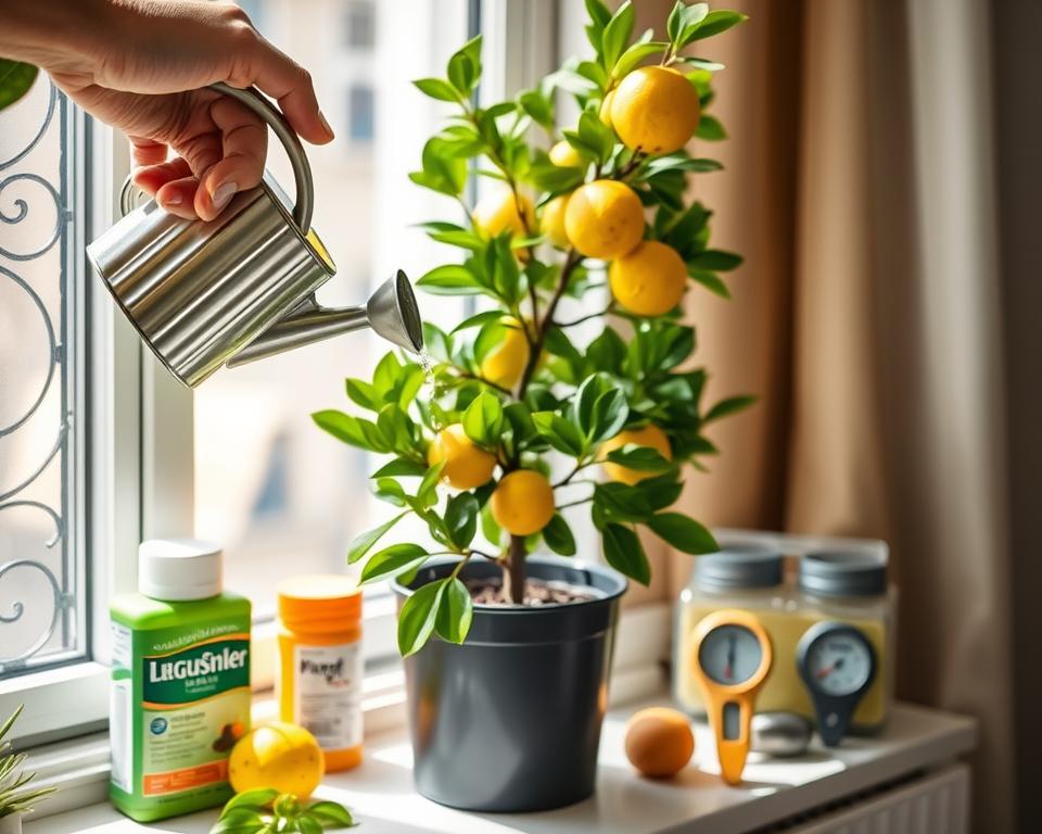 A cozy indoor scene showcasing the care of a dwarf fruit tree, specifically a potted lemon tree, on a sunlit windowsill. In the foreground, a pair of hands gently watering the tree with a small, stylish watering can, droplets glistening in the light. The middle background features vibrant green leaves and yellow lemons, surrounded by gardening tools like fertilizer and a soil moisture meter. The backdrop includes soft, blurred curtains filtering sunlight, creating a warm and inviting atmosphere. The image is well-lit with natural light, emphasizing the freshness of the plants. Capture the mood of nurturing and growth with a focus on the relationship between the gardener and the indoor fruit tree.