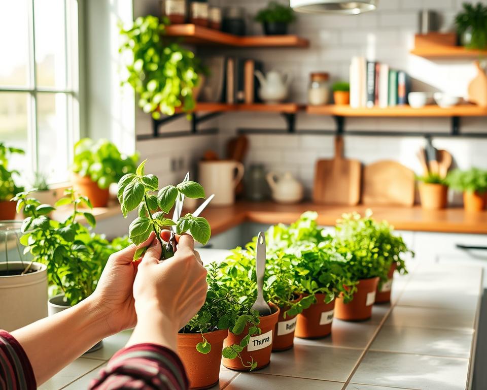 A cozy indoor setting featuring a well-lit kitchen countertop adorned with pots of vibrant herbs such as basil, thyme, and cilantro. In the foreground, a pair of hands are gently harvesting fresh basil leaves using scissors, capturing the essence of cooking. The middle ground focuses on a beautifully arranged herb garden with labels marking each plant, showcasing their lush green foliage. Soft natural light streams in through a nearby window, creating an inviting atmosphere. In the background, rustic kitchen decor with wooden shelves displays cooking utensils and recipe books, enhancing the homey feel. The overall mood is warm and inviting, inspiring culinary creativity in a serene indoor environment.