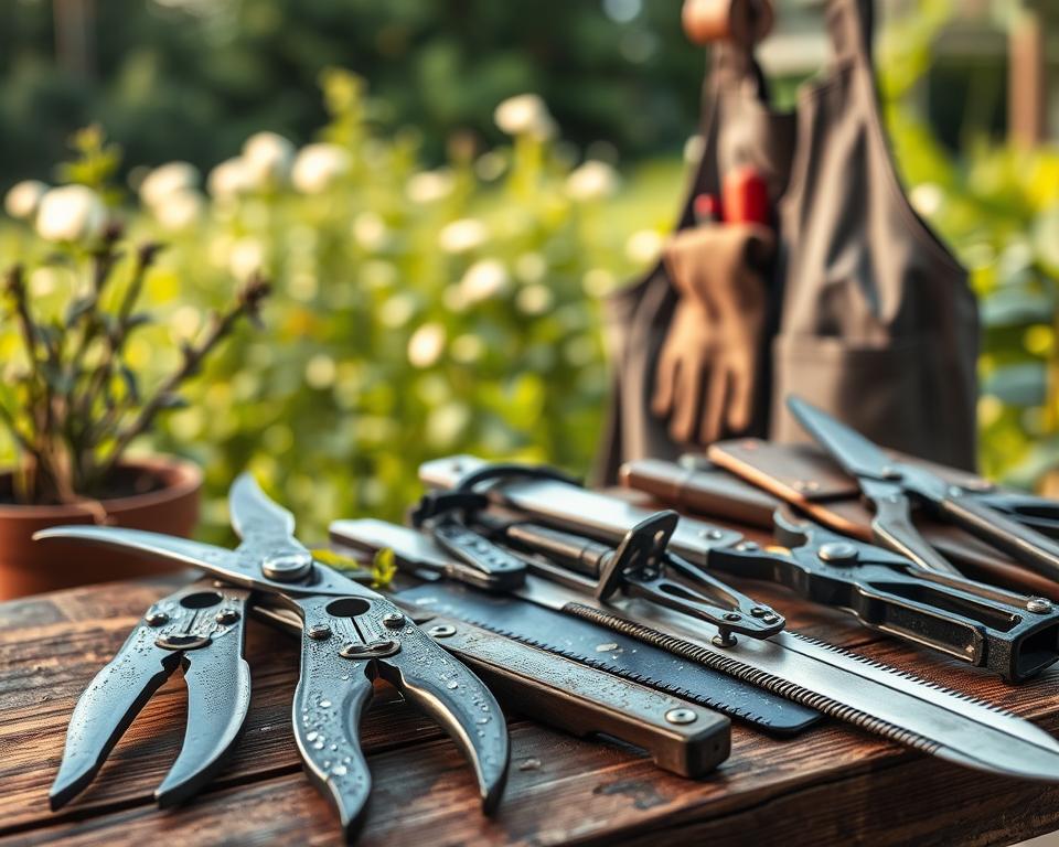 A detailed arrangement of various pruning tools displayed on a rustic wooden workbench. In the foreground, showcase a pair of heavy-duty bypass pruners, glistening with dew, alongside serrated pruning saws and pruning shears, all reflecting soft natural light. The middle ground features a well-used gardening apron hanging nearby, filled with gloves and a small hand trowel, hinting at ongoing pruning work. In the background, soft blurred greenery of a flourishing garden creates a serene atmosphere, emphasizing the tools’ purpose. The lighting is warm, evoking a sense of productivity and calm, while the angle captures the tools from a slight overhead perspective, inviting the viewer into the gardening process.