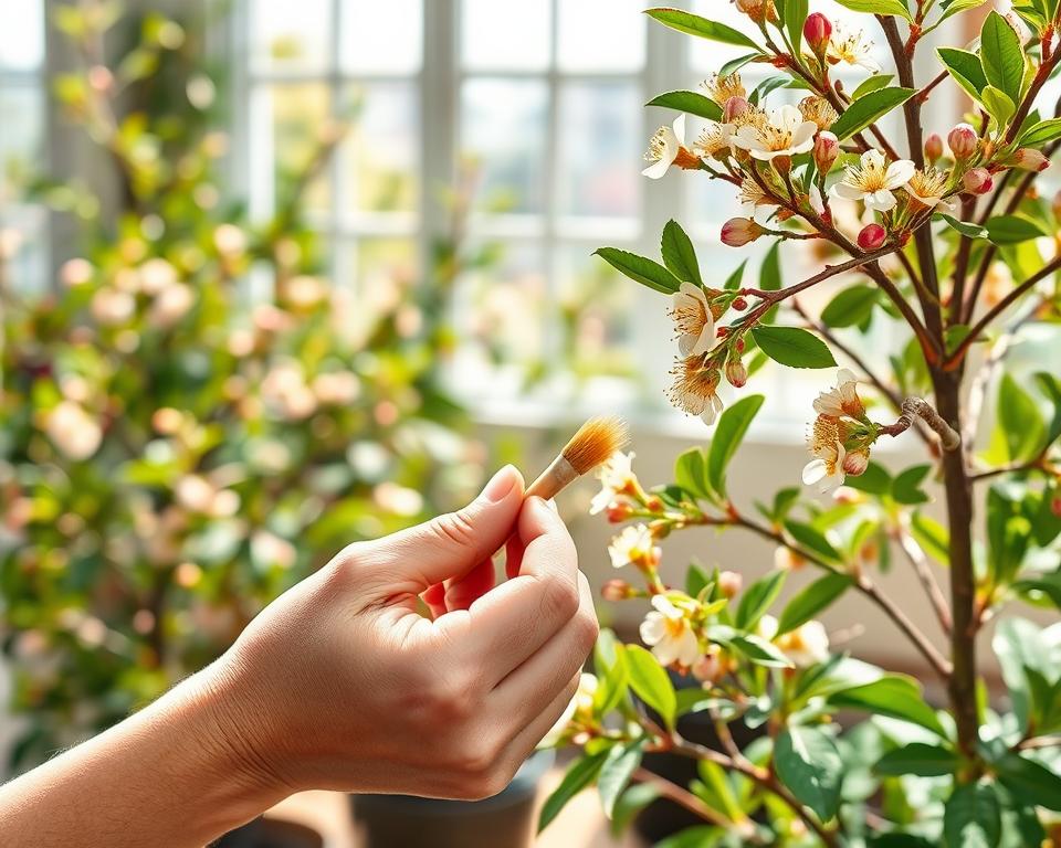 A detailed illustration of hand pollination techniques for dwarf fruit trees. In the foreground, a person wearing modest casual clothing is carefully using a small brush to transfer pollen from a flower to another on a dwarf fruit tree, showcasing precision and care. The middle layer features lush, vibrant dwarf fruit trees in various stages of bloom with small, delicate flowers. In the background, a sunlit indoor garden setting with natural light filtering through a window creates a warm and inviting atmosphere. The overall mood is calm and focused, emphasizing the importance of manual pollination. The image should be bright and well-composed, highlighting the intricate details of the flowers and the gentle interaction between the person and the plants.