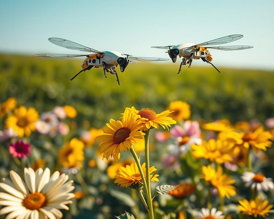 A futuristic scene depicting electric pollinators at work in a vibrant garden. In the foreground, two sleek, robotic pollinators, resembling advanced drones with delicate wings, hover gracefully over a cluster of blooming flowers, their sensors gently touching the petals to collect pollen. The middle ground showcases a variety of colorful flowers, such as sunflowers and daisies, each one illuminated by soft, warm sunlight creating a magical ambiance. In the background, a lush green landscape fades into a clear blue sky, adding depth to the image. The lighting accentuates the intricate details of the pollinators and flowers, creating a cheerful and productive atmosphere, capturing the essence of innovation and nature harmoniously coexisting. The angle is slightly elevated, providing a dynamic view that emphasizes the action of pollination.