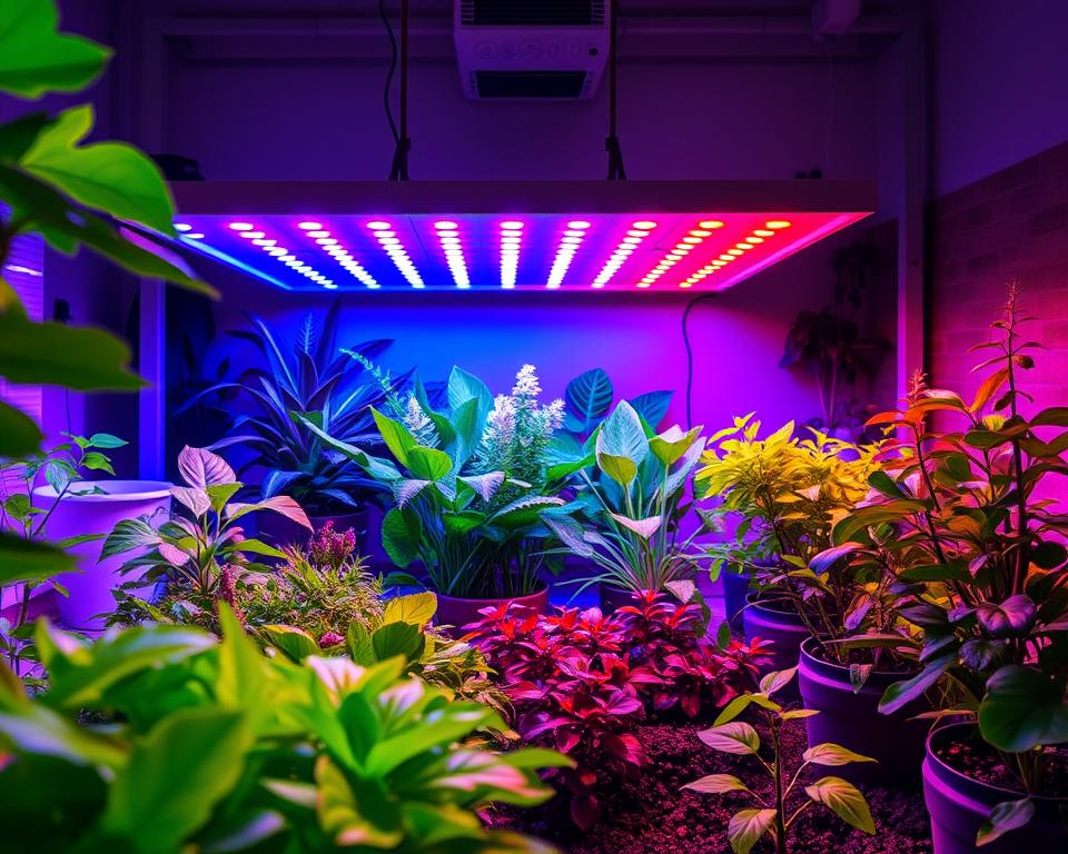 A highly detailed and visually striking representation of LED grow lights spectrum, showcasing a range of vibrant colors from deep blue to bright red, organized in a gradient format. In the foreground, include a close-up of LED lights illuminating lush, healthy indoor plants. In the middle ground, feature various plant species, such as leafy greens and flowering plants, visibly thriving under the spectrum of light. The background should be a softly lit indoor garden, with plants in pots and rich, dark soil, creating a serene, nurturing atmosphere. Use a bright, diffused light to enhance colors, captured from a slightly low angle to emphasize the growth direction of the plants, evoking a sense of wellness and vitality in indoor gardening.