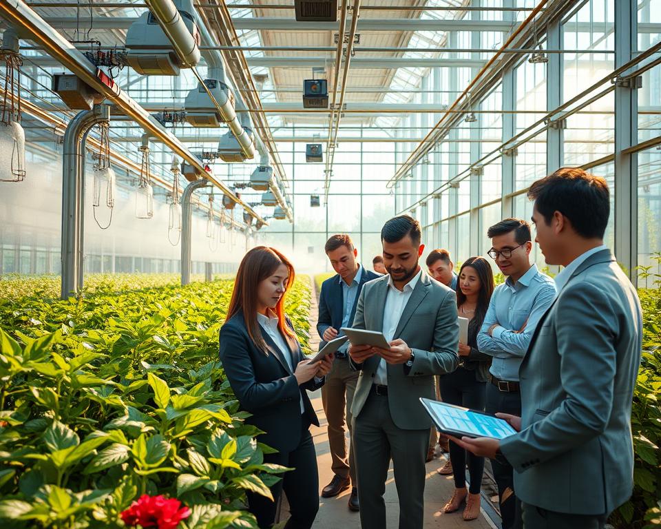 A modern, high-tech greenhouse filled with vibrant plants, showcasing an advanced climate control system with digital displays. In the foreground, a diverse group of professional individuals in business attire examines data on tablets, indicating a focus on temperature and humidity management. The middle ground features intricate machinery and sensors, with misting systems subtly creating humidity. The background reveals large glass panels, letting in natural light that casts soft shadows, enhancing the atmosphere of innovation and efficiency. The room is bathed in a warm glow, emphasizing a sense of growth and sustainability. The overall mood is optimistic and forward-thinking, reflecting a harmonious blend of nature and technology.