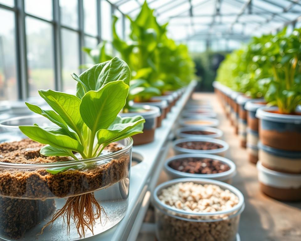 A modern indoor controlled environment farming setup showcasing various soilless growing media such as hydroponic systems, peat moss, coconut coir, and perlite in clear containers. In the foreground, focus on a vibrant green leafy plant thriving in a hydroponic system, with roots visibly submerged in nutrient-rich water. The middle ground features a neatly arranged selection of different soilless media in multi-layered pots, highlighting their textures and colors. In the background, a bright, well-lit greenhouse filled with greenery and rows of plants, filtered sunlight streaming through large windows, creating a warm, inviting atmosphere. Use a sharp focus lens angle to emphasize the details of the growing media, with soft bokeh effect in the background to draw attention to the vibrant colors and textures of the plants.