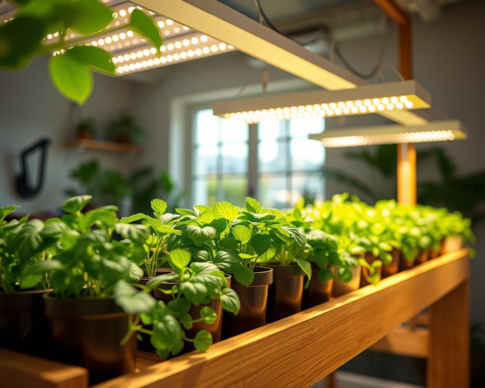 A modern indoor gardening setup featuring high-efficiency grow lights illuminating a variety of lush green plants, such as herbs and small vegetable seedlings. In the foreground, a well-organized wooden shelf holds several pots with vibrant foliage, glistening under the warm, bright light of the LEDs. The middle ground showcases a sleek, white grow light system with adjustable arms, casting a soft glow that highlights the plants' textures. In the background, a window reveals a hint of a sunny day outside, enhancing the overall brightness of the scene. The atmosphere is serene and inviting, with a focus on nurturing plant growth. The image captures a close-up perspective, emphasizing the details of the plants and the innovative lighting system, with a shallow depth of field.