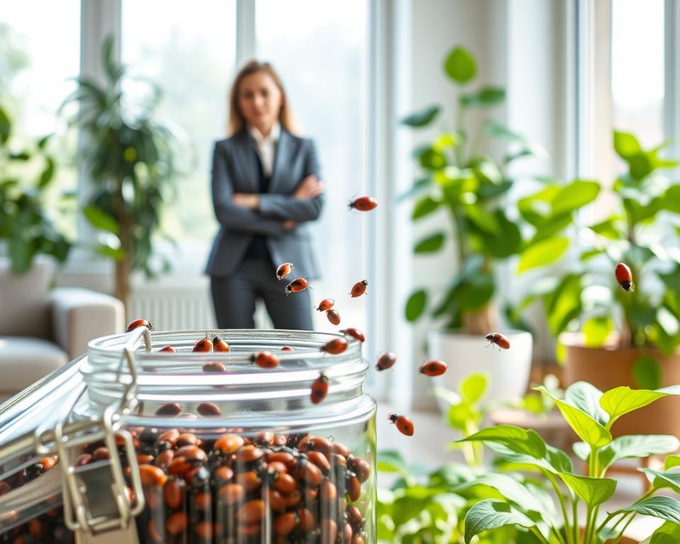 A modern indoor space, such as a bright and airy living room with large windows, showcasing various challenges of releasing beneficial insects for pest control. In the foreground, a clear glass container filled with ladybugs is open, with some insects flying out, capturing the moment of release. In the middle ground, an adult wearing professional business attire observes the insects, looking concerned as they attempt to control the situation, emphasizing the challenges faced. In the background, green houseplants are visible, some showing signs of pest damage, while others are thriving, creating a contrasting atmosphere. Soft, natural lighting streams in from the windows, casting gentle shadows and highlighting the vibrant colors of the insects and plants. The overall mood is one of curiosity and concern, reflecting the complexity of integrating beneficial insects into indoor settings.