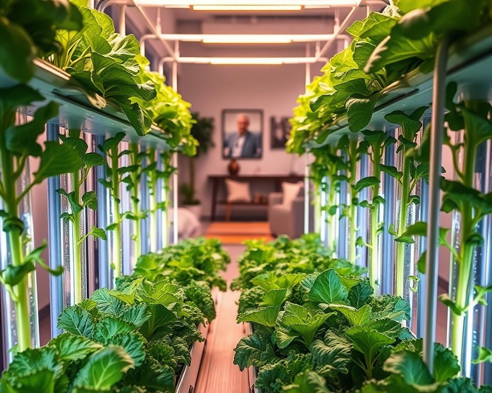 A modern indoor vertical hydroponics garden set in a small, well-lit space. In the foreground, rows of vibrant green leafy vegetables, like lettuce and kale, are displayed in sleek, vertically arranged planters with nutrient-enriched water flowing through transparent tubes. The middle section features advanced LED grow lights casting a warm glow on the plants, enhancing their rich colors. In the background, a cozy home environment is visible, featuring neutral-toned walls and contemporary furniture, emphasizing the space-saving innovation. The composition is captured from a slightly elevated angle, showcasing the intricate system of pipes and plant roots. The overall mood is one of tranquility and innovation, highlighting the beauty and efficiency of urban farming in small settings.