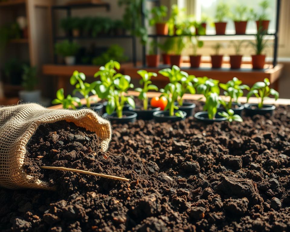 A rich, dark potting soil filled with nutrients, spread across a wooden gardening table. In the foreground, a small, rustic burlap sack spills over, revealing textured soil mixed with small organic matter like coconut coir and perlite. In the middle ground, several seedling pots are arranged with lush, young vegetables such as tomatoes, basil, and peppers, thriving in the rich mix. Sunlight streams in from a nearby window, casting soft, warm light on the scene, creating gentle shadows that enhance the textures of the soil and plants. The background features shelves lined with more potted herbs, evoking a cozy indoor gardening atmosphere. The image conveys a sense of growth and abundance, perfect for indoor edibles.