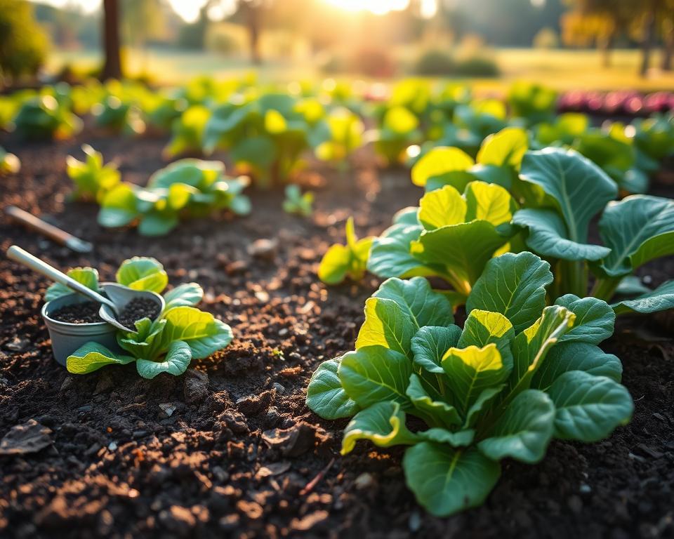 A serene garden scene showcasing healthy leafy greens, including kale and spinach, thriving in fertile soil. In the foreground, a well-tended patch of rich, dark soil with vibrant green leaves glistening in the morning dew, accompanied by a small container of organic fertilizer and gardening tools, emphasizing care and attention. The middle ground features various leafy greens at different growth stages, highlighting their lush foliage and vibrant colors. The background reveals a softly blurred garden landscape with sunlight filtering through trees, casting gentle shadows on the plants. The atmosphere is calm and nurturing, with warm, golden hour lighting enhancing the overall inviting feel of a bountiful, well-cultivated garden ideal for growing pot-friendly leafy greens.