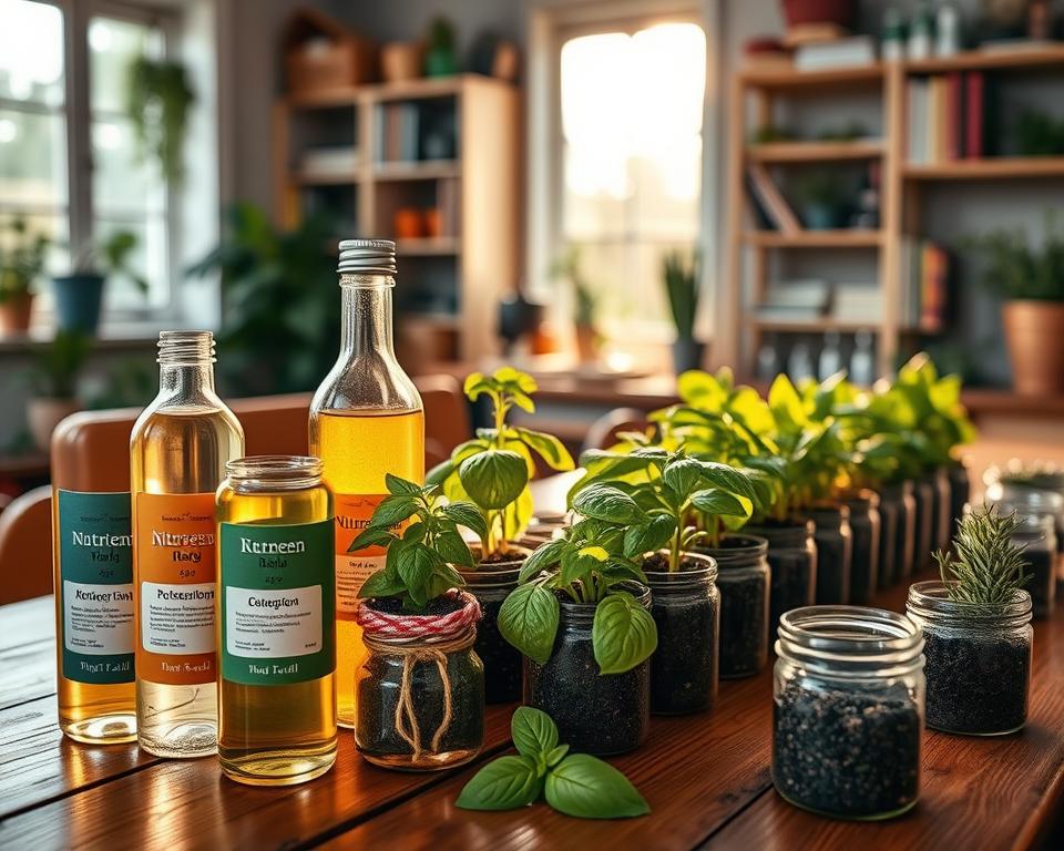 A serene indoor herb garden scene showcasing various nutrient solutions for herbs in elegant glass bottles and small jars. In the foreground, colorful labels clearly identify the ingredients for different nutrients, such as nitrogen and potassium, alongside lush green herbs like basil, mint, and rosemary in pots filled with rich soil. The middle ground features a wooden table with a soft sunlight filtering in through a nearby window, casting warm golden hues on the scene. In the background, shelves filled with gardening tools and books hint at a dedicated gardening space. The atmosphere is tranquil and inviting, emphasizing the connection between the nutrient solutions and the healthy growth of herbs. The image captures a detailed close-up view, with a shallow depth of field enhancing the focus on the nutrient solutions and herbs.