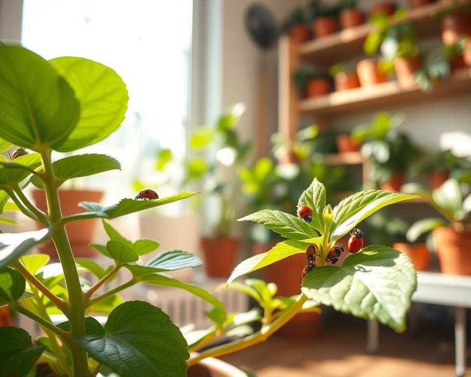 A serene indoor scene showcasing beneficial insects for indoor plants, focusing on a bright, potted plant with lush green leaves in the foreground. Detailed imagery of ladybugs, lacewings, and predatory mites delicately resting on the leaves, illustrating their role in pest control. The middle ground features a sunlit window with soft, natural light streaming in, casting gentle shadows over the plants. In the background, a cozy, well-organized indoor gardening space with shelves of pots and vibrant plant life. The atmosphere is warm and inviting, emphasizing a harmonious relationship between nature and indoor gardening. The image should capture the insects in a clear, almost macro perspective, highlighting their details and behaviors while maintaining a sense of calm and peacefulness.
