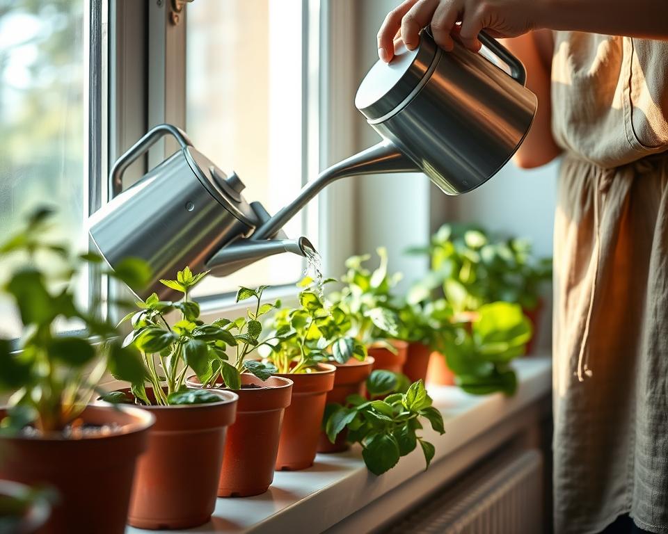 A serene indoor scene showcasing effective watering techniques for low-light edible plants. In the foreground, a person dressed in modest casual clothing is gently watering a small potted herb garden, utilizing a stylish, modern watering can. The middle ground features various thriving low-light plants like basil, mint, and lettuce on a well-lit windowsill, bathed in soft, diffused natural light. The background includes subtle hints of a cozy room, with warm colors and soft shadows that evoke a nurturing atmosphere. The composition captures a close-up angle, emphasizing the interaction between the person and the plants, with gentle highlights reflecting off the water droplets. The overall mood is calm and focused, perfect for illustrating effective care techniques.