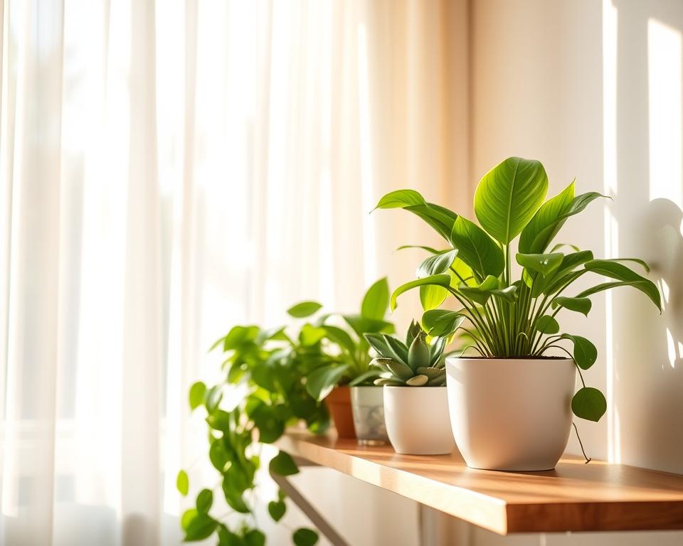 A serene indoor setting showcasing a variety of lush, green houseplants arranged thoughtfully on a wooden shelf near a large window. The foreground features a vibrant pothos cascading over the edge of the shelf, while the middle layer highlights an elegant peace lily and a couple of succulents with dew drops glistening under soft morning light. The background displays sheer curtains gently swaying, diffusing warm sunlight that creates a cozy atmosphere. Use a shallow depth of field to softly blur the backdrop, emphasizing the plants in focus. The overall mood exudes tranquility and nurturing, demonstrating the ideal environment for maintaining optimal humidity for indoor plants.