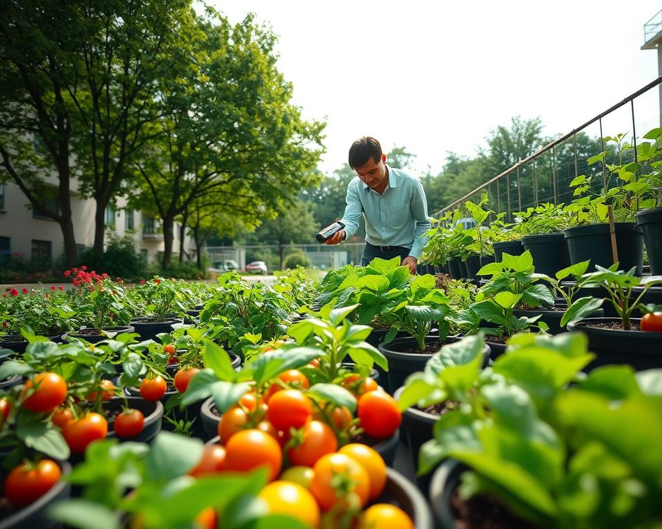 A serene urban garden scene featuring a self-watering vegetable garden in full bloom. In the foreground, a variety of colorful vegetables—tomatoes, peppers, and lettuce—are thriving in neatly arranged self-watering pots, showcasing lush greenery and vibrant colors. In the middle ground, a person dressed in modest casual clothing is attentively checking the moisture levels of the pots, using a moisture meter, with a look of satisfaction and care. The background reveals a bright, sunny day with soft clouds and leafy trees providing a gentle dappled light that enhances the inviting atmosphere. The angle is slightly elevated, capturing the full arrangement of pots and the diligent gardener, creating a sense of harmony and dedication to sustainable gardening practices.