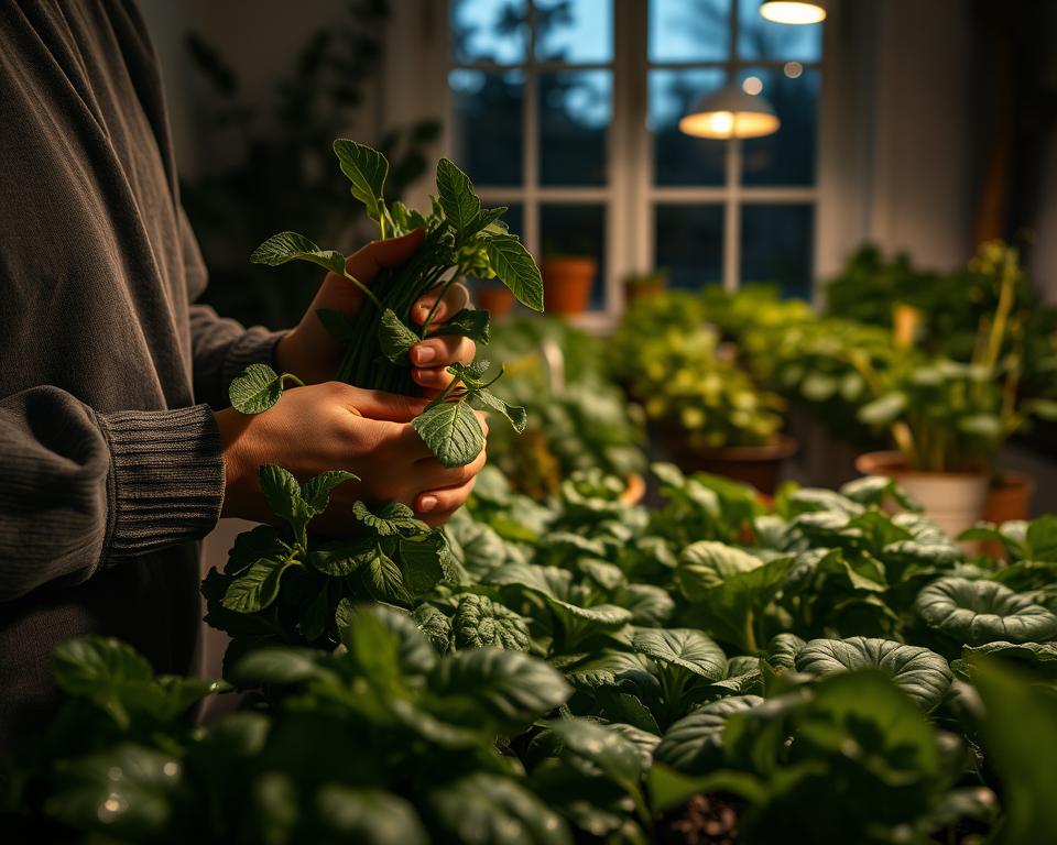 A tranquil low-light scene depicting the harvesting of edible plants in a cozy indoor garden. In the foreground, a person in modest casual clothing gently gathers dark green leafy greens and herbs, their hands skillfully inspecting the plants for ripeness. The middle ground features lush pots of various low-light edible plants like spinach and kale, subtly illuminated by soft, warm overhead lighting that casts delicate shadows. In the background, a window allows dim twilight to filter in, creating a serene and inviting atmosphere. The lens captures a close-up view, highlighting the textures of the plants and the glint of dew drops, while ensuring the overall composition conveys a peaceful and rewarding gardening experience.