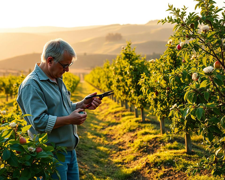 A tranquil orchard scene showcasing various pruning techniques for maximizing plant yields. In the foreground, a focused gardener in modest casual clothing demonstrates the art of selective pruning, using sharp clippers with care, surrounded by vibrant green leaves and blooming fruits. The middle ground features well-maintained rows of fruit trees, each displaying different pruning styles—some trees heavily trimmed, others lightly shaped. The background reveals rolling hills under a soft golden sunset, casting warm light across the landscape, enhancing the lushness of the foliage. Gentle shadows create depth in the scene, with a soft focus on the horizon, conveying a serene and productive atmosphere. The overall feel is educational and inspiring, emphasizing the benefits of effective pruning.