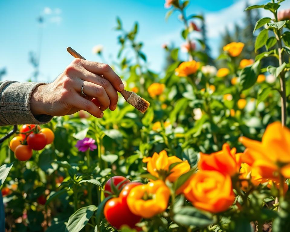 A vibrant garden scene focused on the art of manual pollination, capturing a skilled gardener in modest casual clothing gently using a small brush to pollinate colorful flowers, such as tomatoes and peppers, in the foreground. The gardener's hands are delicately touching the blossoms, with pollen visible on the brush. In the middle ground, lush green leaves and blooming plants indicate healthy post-pollination growth, showcasing a variety of shapes and colors. The background features a bright blue sky and soft, diffused sunlight, creating a warm and encouraging atmosphere. The overall mood conveys the care and diligence required for optimal plant health, emphasizing the beauty and importance of pollination methods in gardening. Use a natural lens perspective to enhance depth and clarity.