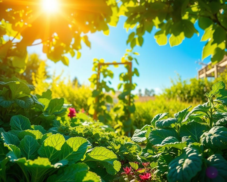 A vibrant garden scene illustrating the sunlight requirements of leafy greens, with a foreground of lush, diverse greens like kale, spinach, and arugula, their leaves glistening in the gentle sunlight. The scene captures the golden rays filtering through a canopy of leafy trees, casting dappled light onto the plants below. In the middle ground, a small trellis supports climbing plants, symbolizing optimal growth conditions. The background features a serene blue sky, framed by greenery, creating a warm, inviting atmosphere. The lighting is natural and bright, emphasizing the health and vitality of the plants. The overall mood is uplifting and educational, perfect for highlighting the importance of light in growing leafy greens.