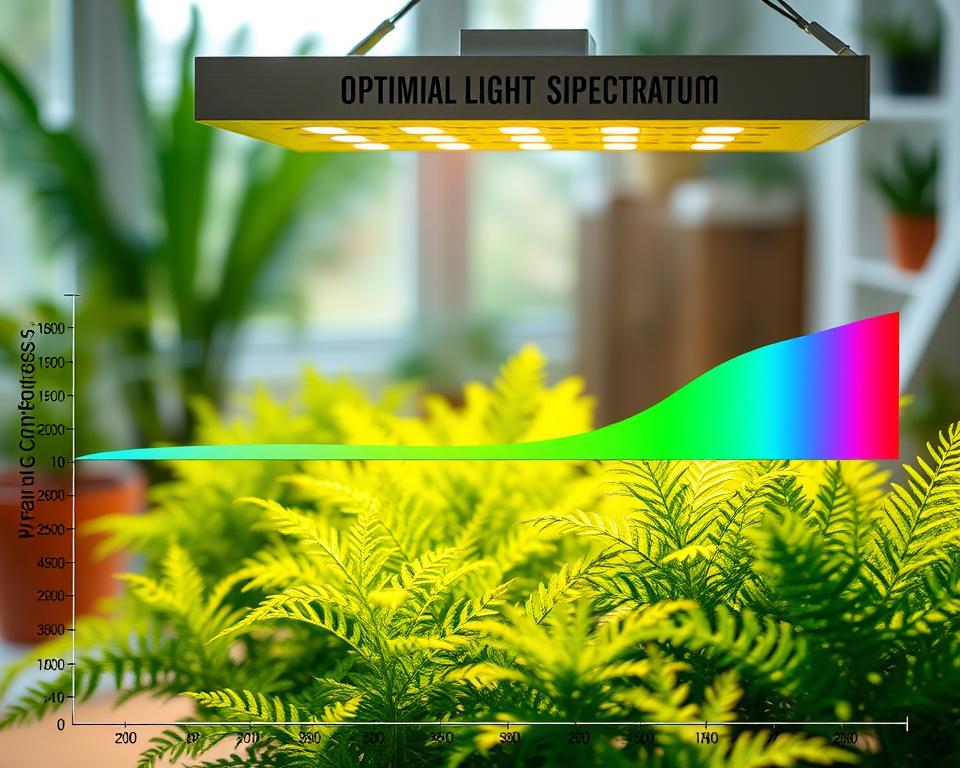 A vibrant illustration of the optimal light spectrum for plants, showcasing a detailed, colorful graph of the photosynthetically active radiation (PAR) range. In the foreground, depict an elegant LED grow light emitting various wavelengths, demonstrating the spectrum crucial for plant growth, with emphasis on blue and red lights. In the middle ground, illustrate lush indoor plants, such as ferns and succulents, thriving under the light, with vivid green leaves to highlight health and vitality. The background features a softly blurred indoor garden setting, with natural light filtering in, creating a warm, inviting atmosphere. Use high-quality, realistic lighting effects to emphasize the clarity and brightness of the spectrum and plants, and employ a macro lens angle to capture intricate details.