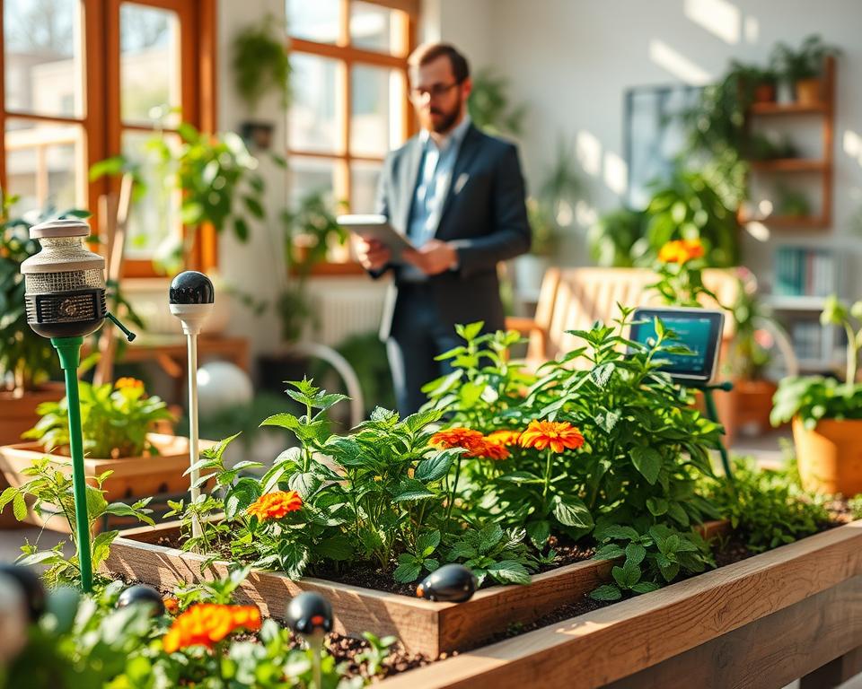 A vibrant, indoor garden scene showcasing various natural pest control methods seamlessly integrated with advanced technology. In the foreground, a small, elegant garden bed filled with a variety of plants, such as basil, mint, and marigolds, is surrounded by eco-friendly pest traps and ladybug habitats. In the middle ground, a gardener in smart-casual attire interacts with a digital pest monitoring device, analyzing data on a tablet. Soft, natural lighting illuminates the scene, highlighting the lush greenery and the warmth of the wooden garden furniture. The background features a window with sunlight streaming in, casting gentle shadows and enhancing the tranquil atmosphere of the indoor space. The overall mood is harmonious and innovative, blending nature with modern solutions.