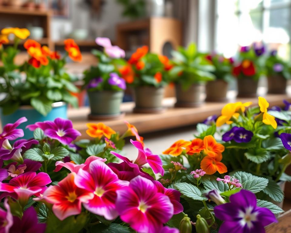 A vibrant indoor scene featuring a variety of colorful edible flowers in decorative pots, showcasing a selection such as nasturtiums, violets, and pansies. The foreground includes close-up details of the flowers' intricate petals and lush green leaves, demonstrating their freshness. In the middle ground, well-maintained pots are arranged on a rustic wooden table, highlighting the care involved in growing these plants. The background is softly blurred with hints of natural light filtering through a nearby window, creating a warm and inviting atmosphere. The overall mood projects tranquility and a nurturing environment, ideal for indoor gardening. The image should be captured with a macro lens to emphasize textures, and the lighting should be natural, enhancing the rich colors of the flowers without any distractions.