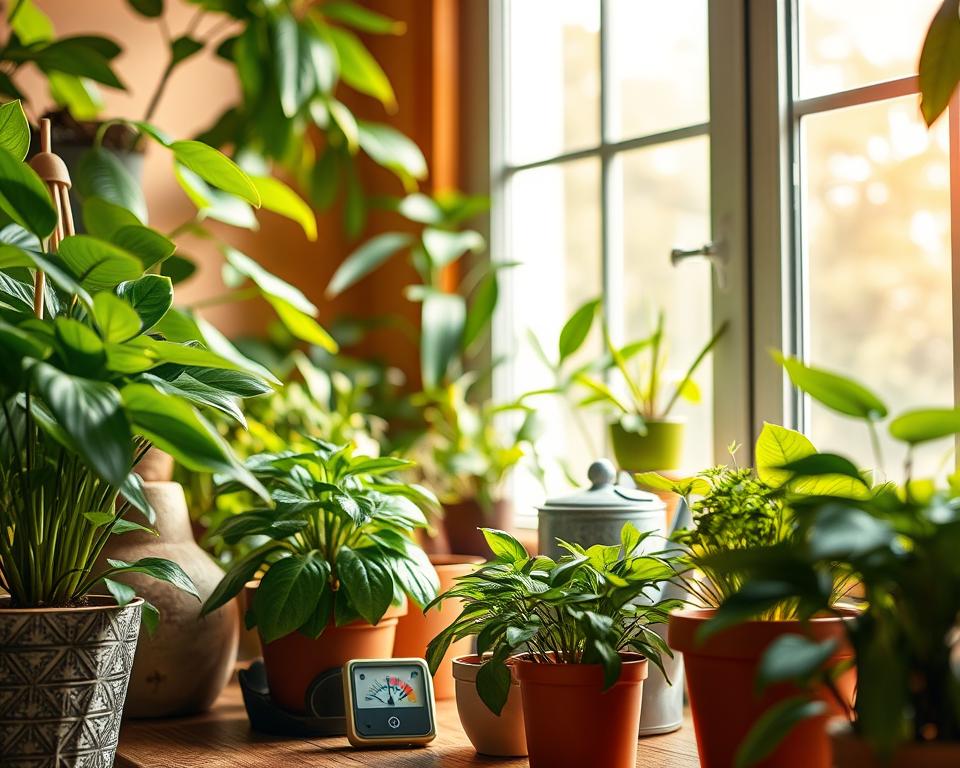 A vibrant indoor scene showcasing different plants to illustrate the concept of humidity levels. In the foreground, a variety of lush green houseplants with varying leaf sizes and shapes, some in decorative pots with moisture indicators or water trays beneath them. The middle layer features a soft-focus view of a moisture meter measuring soil humidity, placed beside a watering can. In the background, warm, diffused sunlight streams through a window, casting gentle shadows, creating a serene and inviting atmosphere. The overall mood is calm and nurturing, suggesting a healthy indoor environment for plant growth. The image should have a slight depth of field to emphasize the plants in the foreground while gently blurring the background.