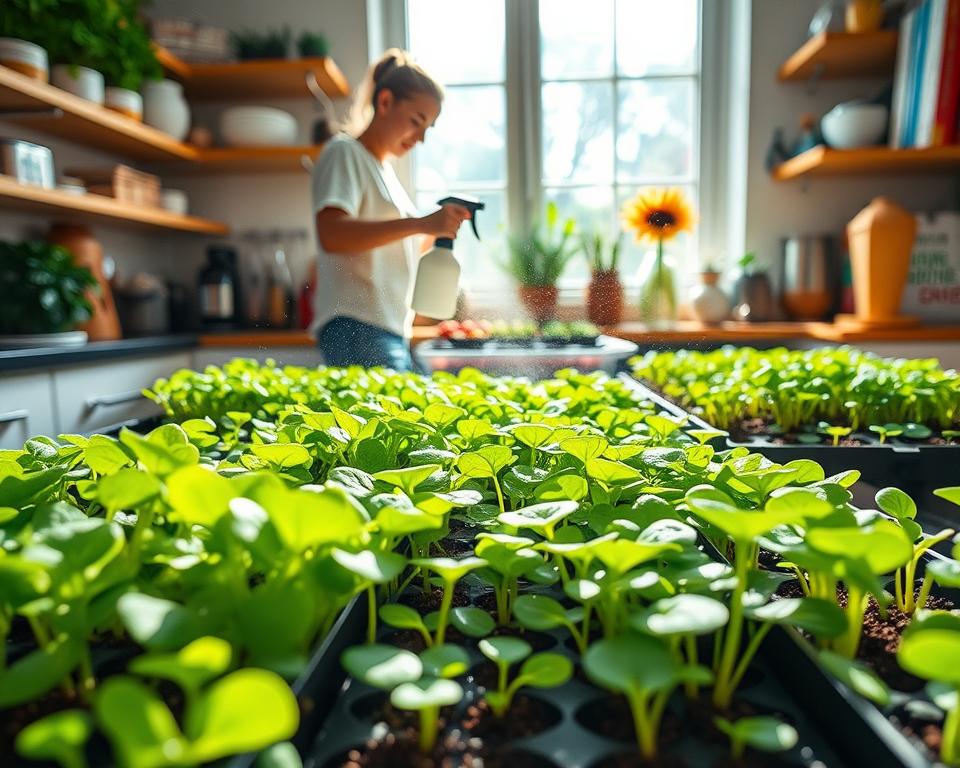 A vibrant kitchen setting showcasing the growth conditions of microgreens in various trays. In the foreground, a close-up of lush, green microgreens, including radish and sunflower varieties, in well-drained soil, glistening with droplets of water. In the middle ground, a person in casual attire is gently misting the microgreens with a spray bottle, surrounded by an array of sunlight filtering through a large window, casting soft shadows. The background features shelves with gardening tools and reference books on plant care, creating an inviting and warm atmosphere. Soft, natural lighting enhances the vibrant colors and freshness of the microgreens, illustrating the nurturing environment essential for their growth.