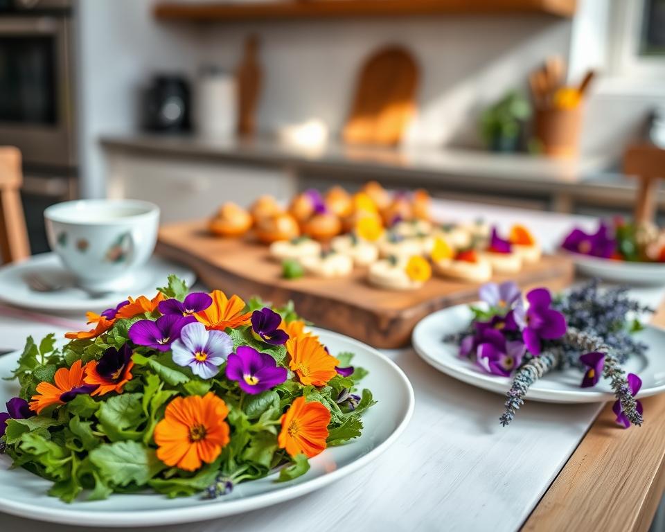 A vibrant table setting featuring a variety of culinary dishes enhanced with edible flowers. In the foreground, a beautifully plated dish of mixed greens garnished with bright marigolds, delicate pansies, and fragrant nasturtiums, showcasing their vivid colors and textures. In the middle, a rustic wooden serving board displays an assortment of appetizers, including a floral-infused cheese platter adorned with lavender and borage. The background features softly blurred kitchen elements, enhancing the intimate, cozy atmosphere. Natural sunlight streams in from a nearby window, casting gentle highlights on the food and flowers. The overall mood is inviting and fresh, emphasizing the beauty and culinary uses of edible flowers in contemporary cooking.