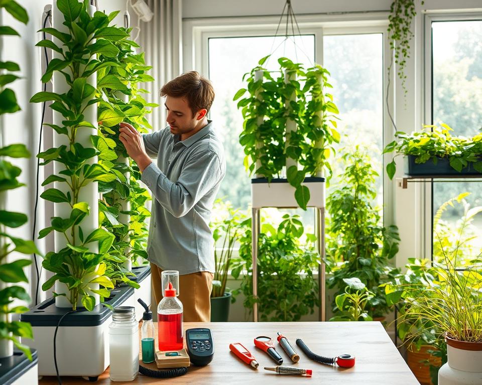 A well-organized hydroponic system maintenance scene inside a bright, airy home garden. In the foreground, a person in modest casual clothing is carefully inspecting lush, green plants growing in a series of vertical hydroponic towers. The middle layer showcases various tools such as pH meters, nutrient solutions, and gardening gloves, neatly arranged on a nearby table. Soft natural light pours in through a large window, creating a warm and inviting atmosphere. In the background, vibrant greenery fills the space, with additional hydroponic units and indoor plants creating a productive yet tranquil garden view. The overall mood is focused and serene, emphasizing the meticulous care involved in maintaining optimal conditions for a thriving hydroponic garden.