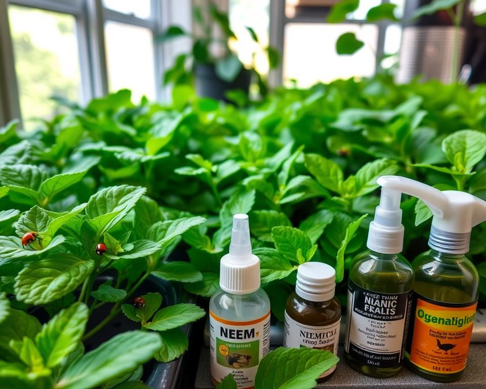 A well-organized indoor hydroponic garden setup showcasing various pest control methods. In the foreground, there are vibrant green plants in hydroponic systems, such as nutrient film techniques and deep water culture, with close-up shots of beneficial insects like ladybugs and predatory mites effectively moving among the leaves. The middle ground features small, organic pest deterrents like neem oil spray and insecticidal soap bottles, along with labels clearly visible. In the background, a window allows soft, natural light to illuminate the scene, creating a warm and inviting atmosphere. The overall mood reflects a thriving, healthy ecosystem, emphasizing sustainable pest control methods within a home hydroponics setup, captured from a slightly elevated angle to offer a comprehensive view.