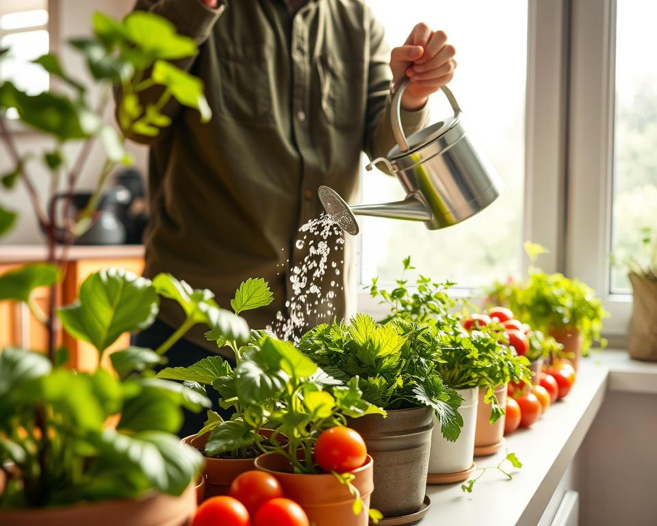 An indoor scene showcasing a person tending to a variety of indoor vegetables, such as lettuce, tomatoes, and herbs, all flourishing in pots lined on a sunny kitchen windowsill. In the foreground, the person, dressed in modest casual clothing, is gently watering the plants using a stylish watering can, focused and engaged in the task. The middle layer includes vibrant green leaves and colorful vegetable fruits glistening with droplets of water, casting soft reflections. The background reveals a bright and airy kitchen environment with natural light streaming in, creating a warm and inviting atmosphere. The overall mood is fresh and nurturing, emphasizing the joy of caring for indoor plants with a deep focus on technique and growth.