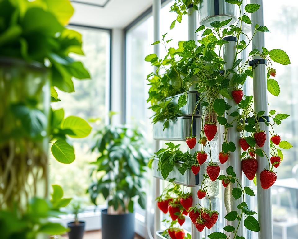 Detailed image of a vertical hydroponics setup showcasing various lush green plants, such as leafy lettuces, vibrant herbs like basil and mint, and cascading strawberries, growing in a multi-level structure. In the foreground, focus on the intricate system of tubes and containers filled with nutrient-rich water, highlighting the roots. The middle ground should display the vibrant colors and textures of the healthy plants, while the background features a bright, well-lit indoor space with large windows, allowing natural sunlight to flood in. Soft, diffused lighting enhances the freshness of the plants, creating an inviting and tranquil atmosphere, with a clean, modern aesthetic perfect for small spaces. The angle should be a slightly elevated view, emphasizing the verticality of the hydroponic system.